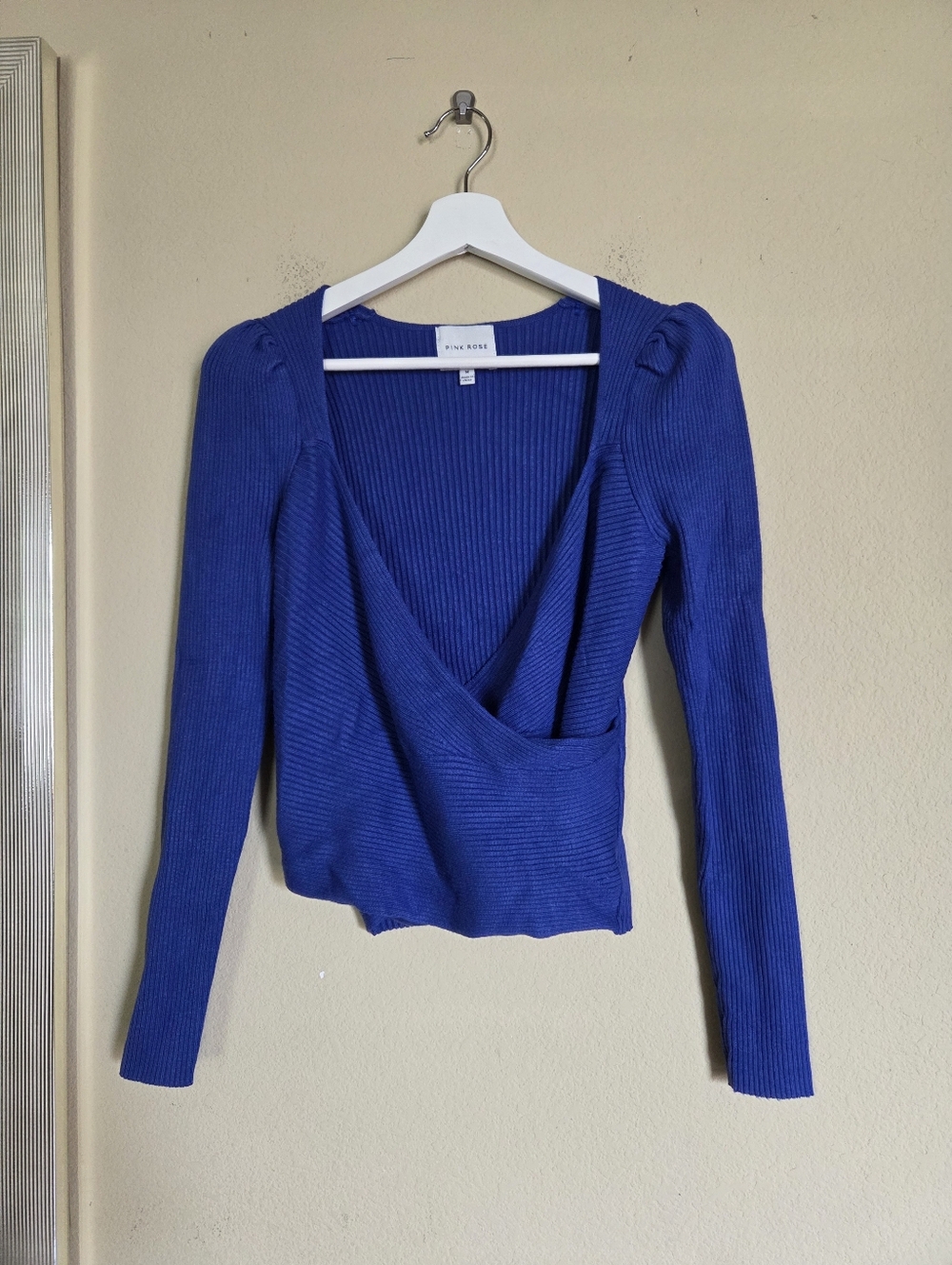 Pink Rose Ribbed Cardigan Wrap Front Puff Sleeve Feminine Blue